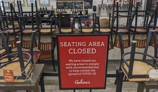 In this March 26, 2020, file photo, an indoors sitting bar is closed inside the Gelson&#39;s Market in the Los Feliz neighborhood of Los Angeles. Los Angeles County announced new coronavirus-related restrictions Sunday, Nov. 22, 2020, that will prohibit in-person dining for at least three weeks as cases rise at the start of the holiday season and officials statewide begged Californians to avoid traveling or gathering in groups for Thanksgiving. LA County&#39;s new rules take effect Wednesday at 10 p.m., restaurants, breweries, wineries and bars will only be able to offer takeout, drive-thru, and delivery services. (AP Photo/Damian Dovarganes, File)
