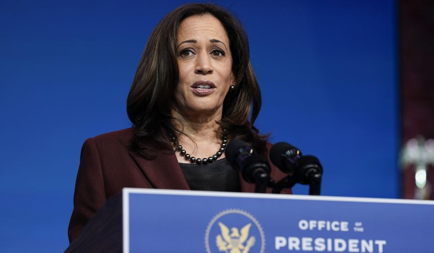 Vice President-elect Kamala Harris speaks as she and President-elect Joe Biden introduce their nominees and appointees to key national security and foreign policy posts at The Queen theater, Tuesday, Nov. 24, 2020, in Wilmington, Del. (AP Photo/Carolyn Kaster)