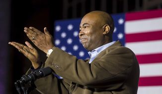 Democratic Senate candidate Jaime Harrison thanks his supporters at an election watch party in Columbia, S.C., after losing the Senate race to incumbent Lindsey Graham, Tuesday, Nov. 3, 2020. (Jeff Blake/The State via AP) ** FLIE **