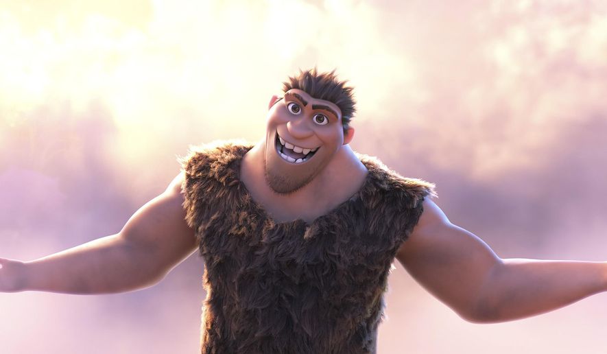 This image released by DreamWorks shows Grug Crood, voiced by Nicolas Cage, in a scene from the animated film "The Croods: A New Age." (DreamWorks Animation via AP)