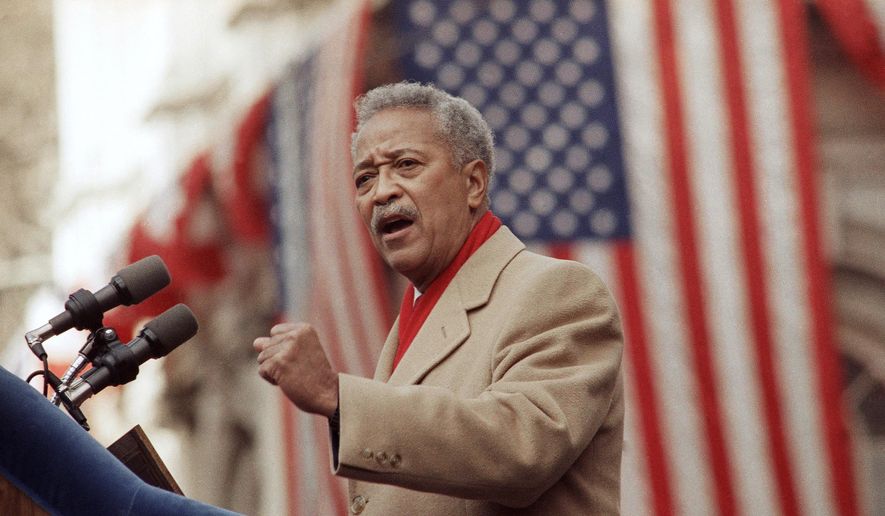 In this Monday, Jan. 2, 1990, file photo, David Dinkins delivers his first speech as mayor of New York, in New York. Dinkins, New York City’s first African American mayor, died Monday, Nov. 23, 2020. He was 93. (AP Photo/Frankie Ziths, File)