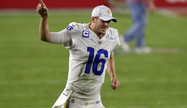 Los Angeles Rams quarterback Jared Goff (16) celebrates as he leaves the field after the team defeated the Tampa Bay Buccaneers during an NFL football game Monday, Nov. 23, 2020, in Tampa, Fla. (AP Photo/Jason Behnken)