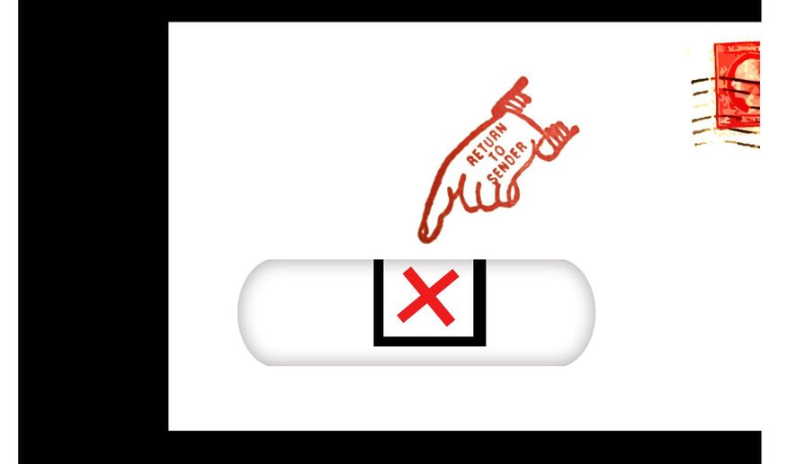 Illustration on mail in voting by Alexander Hunter/The Washington Times