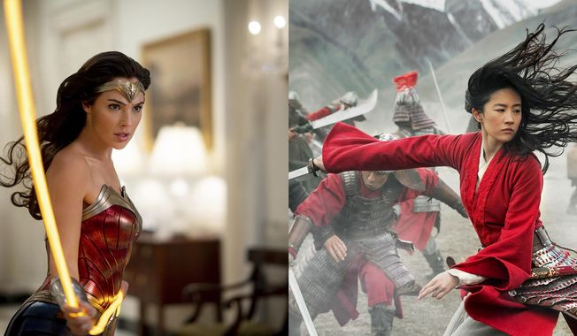 This combination photo shows Gal Gadot in a scene from the Warner Bros. Pictures film &amp;quot;Wonder Woman 1984,&amp;quot; left, and  Yifei Liu in a scene from Disney&#x27;s &amp;quot;Mulan.&amp;quot; (Warner Bros. via AP, left, and Disney via AP)