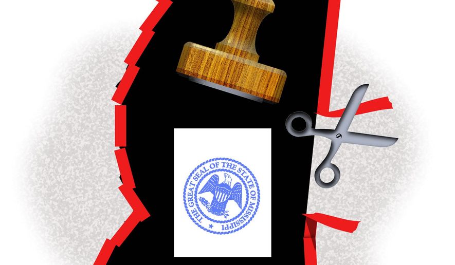 Illustration on state licensing in Mississippi by Alexander Hunter/The Washington Times