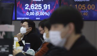A currency trader watches monitors at the foreign exchange dealing room of the KEB Hana Bank headquarters in Seoul, South Korea, Friday, Nov. 27, 2020. Asian stock markets declined Friday as questions about the effectiveness of one possible coronavirus vaccine weighed on investor optimism. (AP Photo/Ahn Young-joon)