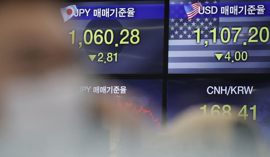 A currency trader talks on the phone near the screens showing the foreign exchange rates at the foreign exchange dealing room in Seoul, South Korea, Thursday, Nov. 26, 2020. Asian shares were mixed Thursday, after Wall Street took a pause from the optimism underlined in a record-setting climb earlier in the week. (AP Photo/Lee Jin-man)