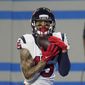 Houston Texans wide receiver Will Fuller catches a 34-yard pass for a touchdown during the second half of an NFL football game against the Detroit Lions, Thursday, Nov. 26, 2020, in Detroit. (AP Photo/Paul Sancya) **FILE**
