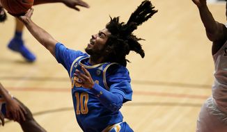 UCLA guard Tyger Campbell shoots during the first half of the team&#x27;s NCAA college basketball game against San Diego State, Wednesday, Nov. 25, 2020, in San Diego. (AP Photo/Gregory Bull)