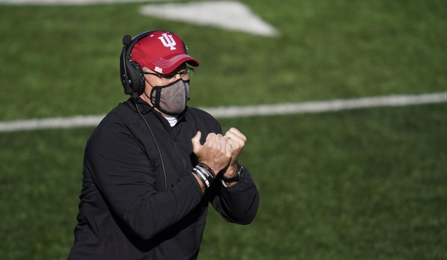 Indiana head coach Tom Allen watches during the second half of an NCAA college football game against Maryland, Saturday, Nov. 28, 2020, in Bloomington, Ind. Indiana won 27-11. (AP Photo/Darron Cummings) **FILE**