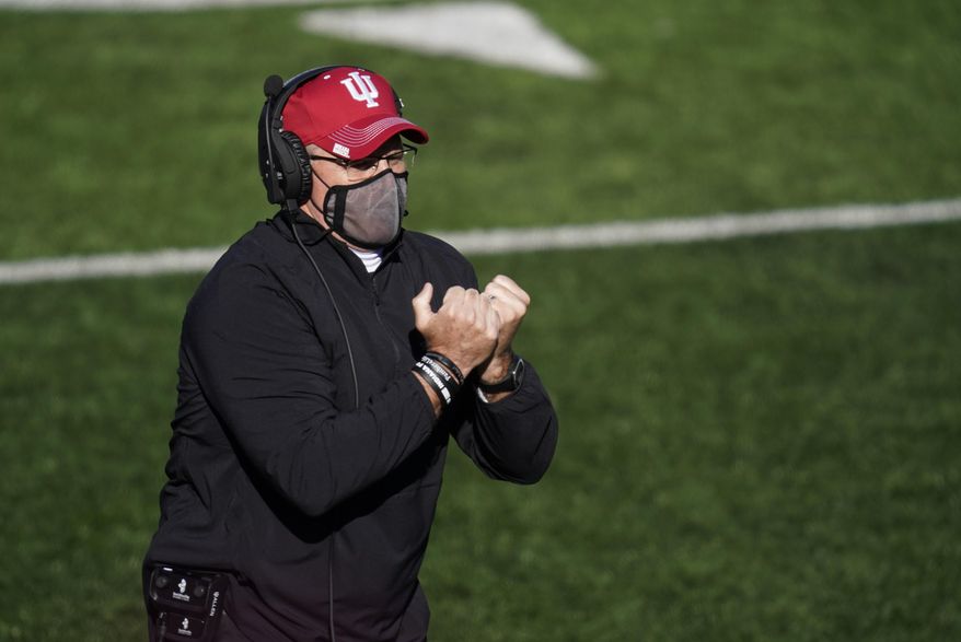 Indiana head coach Tom Allen watches during the second half of an NCAA college football game against Maryland, Saturday, Nov. 28, 2020, in Bloomington, Ind. Indiana won 27-11. (AP Photo/Darron Cummings) **FILE**