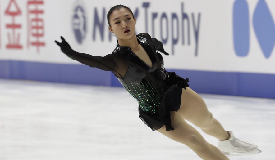 Kaori Sakamoto of Japan performs during a free skating of an ISU Grand Prix of Figure Skating competition in Kadoma near Osaka, Japan, Saturday, Nov. 28, 2020. (AP Photo/Hiro Komae)