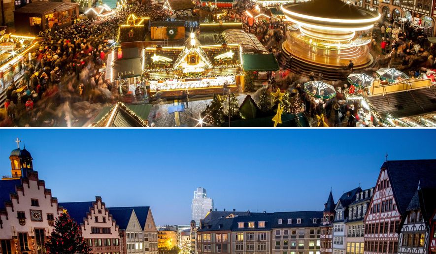This combination image shows a file photo dated Monday, Nov. 25, 2019 of the Roemerberg square in Frankfurt, Germany, with the traditional Christmas market, top, and the Roemerberg square on Friday, Nov. 27, 2020, below. Christmas markets, a cherished tradition in Germany and neighboring countries, have joined the long list of institutions canceled or diminished because of the coronavirus pandemic this year. (AP Photo/Michael Probst, file)
