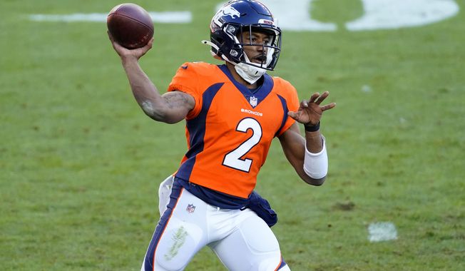 Denver Broncos quarterback Kendall Hinton (2) throws against the New Orleans Saints during the first half of an NFL football game, Sunday, Nov. 29, 2020, in Denver. (AP Photo/Jack Dempsey)