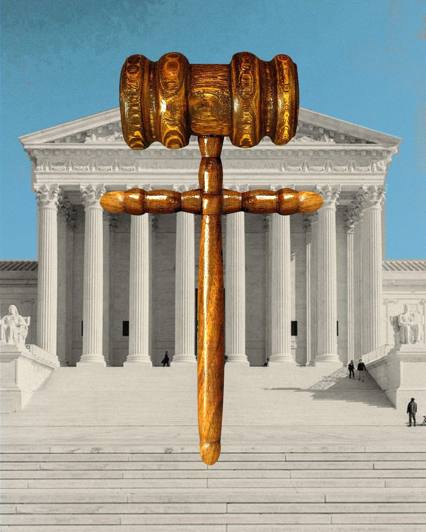 Illustration on the Supreme Court and freedom of worship by Linas Garsys/The Washington Times