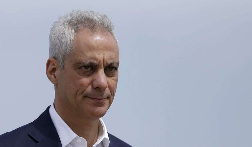 In this April 22, 2019, file photo, Chicago Mayor Rahm Emanuel waves as he arrives at a news conference outside of the south air traffic control tower at O&#39;Hare International Airport in Chicago. (AP Photo/Kiichiro Sato, File)