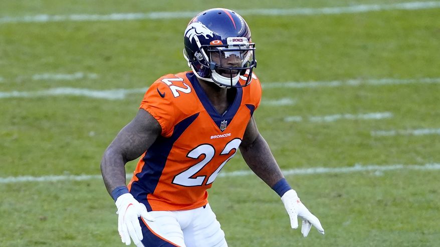 Denver Broncos strong safety Kareem Jackson (22) against the New Orleans Saints during the first half of an NFL football game, Sunday, Nov. 29, 2020, in Denver. (AP Photo/Jack Dempsey)