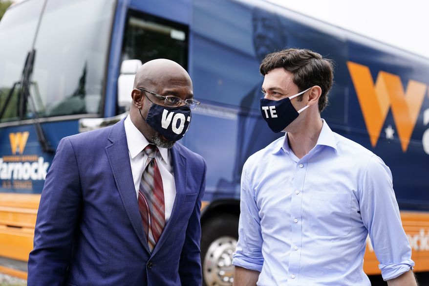 Democrats Raphael Warnock (left) and Jon Ossoff are getting a lot of help from Hollywood heavyweights as they campaign in two closely watched Georgia runoffs that will determine the balance of the Senate. (Associated Press photograph)
