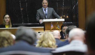 In this file photo taken on Monday, March 9, 2020, Speaker of the House Todd Huston, R-Fishers, addresses the House Chamber after being sworn in at the Statehouse in Indianapolis. Huston is trying to hold onto his suburban Indianapolis district that’s shifted away from reliably Republican as he faces his first election since March, when he took over the powerful position that controls much of the General Assembly’s action. He faces Democratic challenger Aimee Rivera Cole, who received 46% of the vote against Huston two years ago. (AP Photo/AJ Mast)