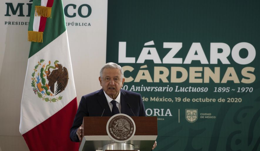 Mexico&#39;s President Andres Manuel Lopez Obrador speaks during a ceremony marking the 50th anniversary of the death of former President Lazaro Cardenas in Mexico City, Monday, Oct. 19, 2020. (AP Photo/Fernando Llano)