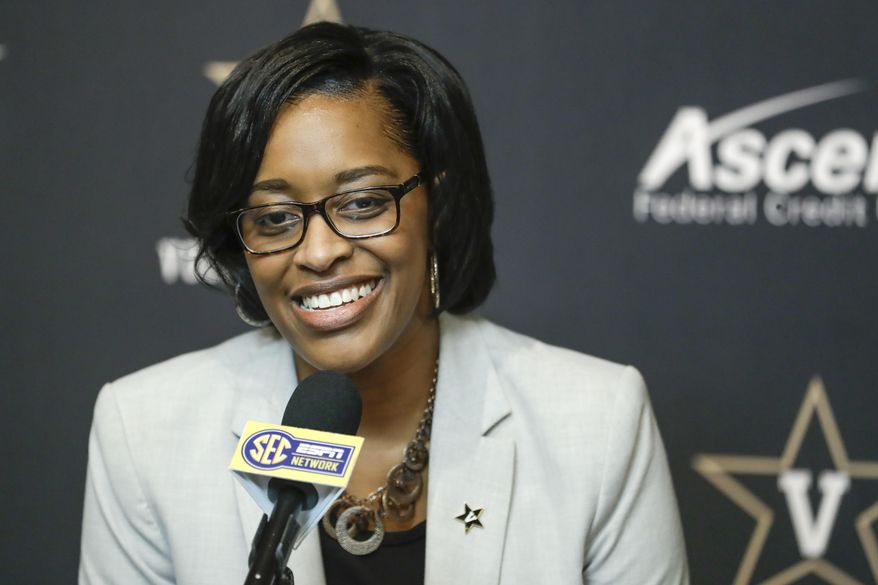 FILE - In this Feb. 5, 2020, file photo, Vanderbilt interim athletic director Candice Lee answers questions during a news conference in Nashville, Tenn. Lee said Monday that Vanderbilt has an opportunity to put its money where its mouth is and prove its commitment to football as they search for a new football coach to replace Derek Mason, who was fired Sunday. (AP Photo/Mark Humphrey, File)