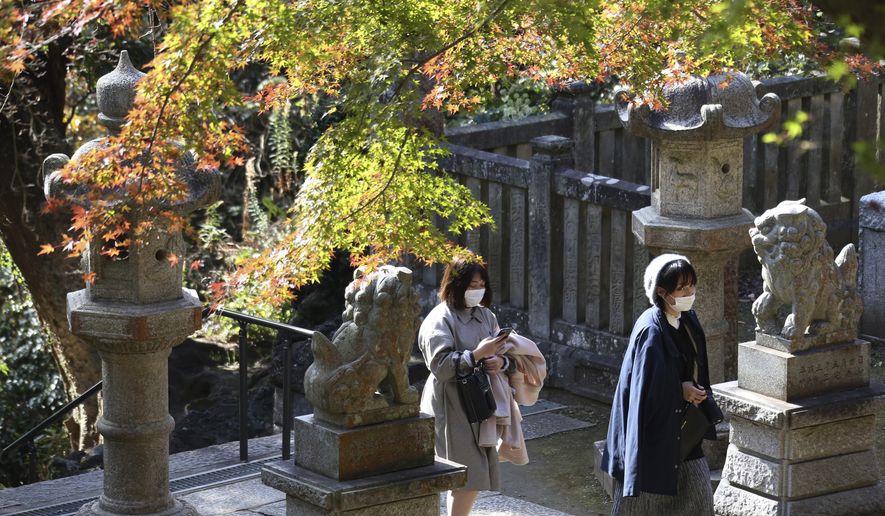 Visitors wearing face masks to protect against the spread of the coronavirus walk through the colorful autumn leaves at the Kenchoji temple in Kamakura, Monday, Nov. 30, 2020. (AP Photo/Koji Sasahara)
