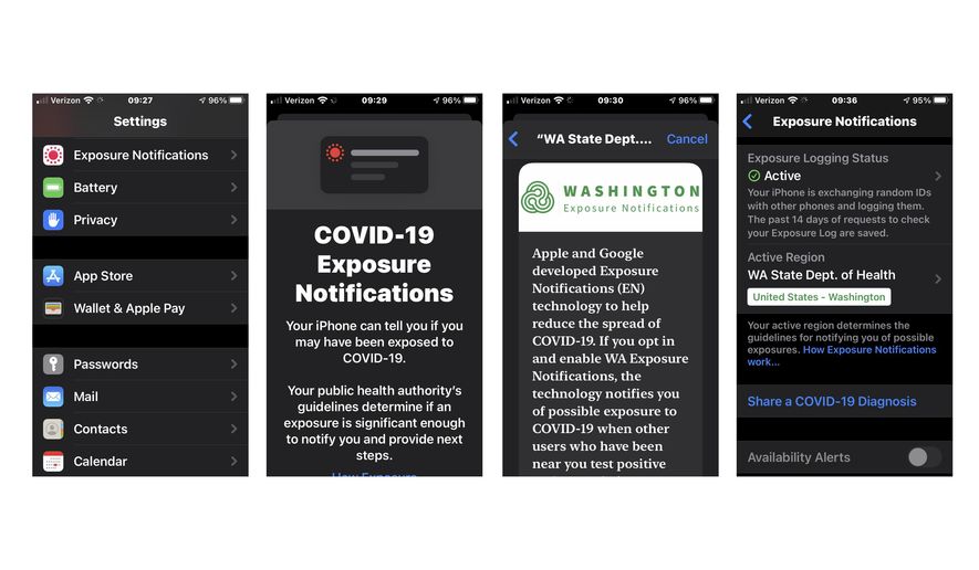 This series of screenshots taken from an iPhone with COVID-19 exposure notifications turned on for Washington state shows some of the information presented to iPhone users who are considering opting in to a new statewide coronavirus exposure notification program that was launched Monday, Nov. 30, 2020, in Washington state that uses smartphone technology in the ongoing effort to prevent the spread of COVID-19. People with Apple iPhones can now enable the 'exposure notifications' feature that is already in their phone's settings, and Android devices can download the app, called Washington Exposure Notifications. Use of the service is voluntary and users can opt out at any time. (AP Photo/Ted S. Warren)