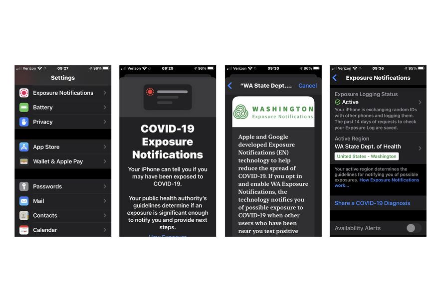 This series of screenshots taken from an iPhone with COVID-19 exposure notifications turned on for Washington state shows some of the information presented to iPhone users who are considering opting in to a new statewide coronavirus exposure notification program that was launched Monday, Nov. 30, 2020, in Washington state that uses smartphone technology in the ongoing effort to prevent the spread of COVID-19. People with Apple iPhones can now enable the 'exposure notifications' feature that is already in their phone's settings, and Android devices can download the app, called Washington Exposure Notifications. Use of the service is voluntary and users can opt out at any time. (AP Photo/Ted S. Warren)