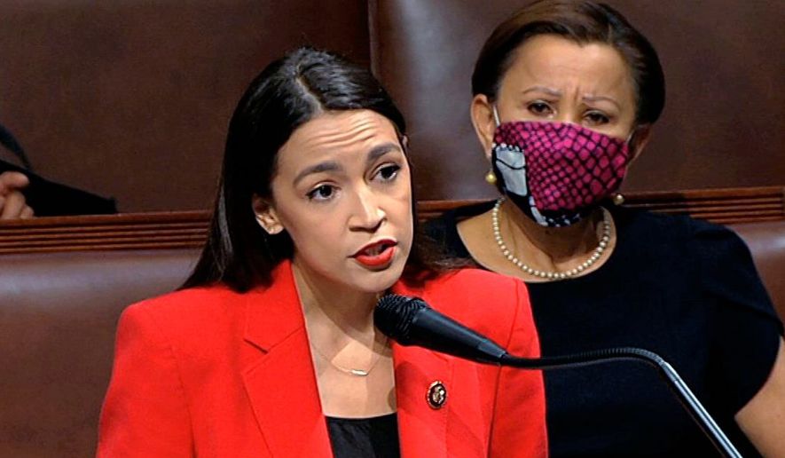 In this July 23, 2020, file image from video, Rep. Alexandria Ocasio-Cortez, D-N.Y., speaks on the House floor on Capitol Hill in Washington. (House Television via AP, File)