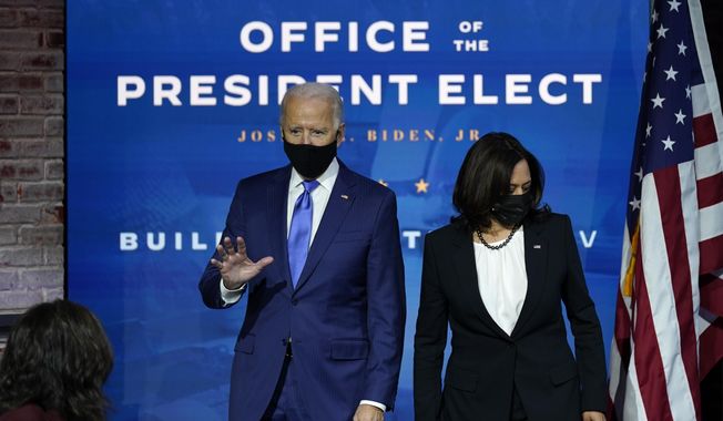 Presumptive President-elect Joe Biden and presumptive Vice President-elect Kamala Harris arrive at an event to introduce their nominees and appointees to economic policy posts at The Queen theater, Tuesday, Dec. 1, 2020, in Wilmington, Del. (AP Photo/Andrew Harnik)  **FILE**