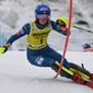 Mikaela Shiffrin of the United States competes during the first run of the alpine ski, women&#39;s World Cup slalom in Levi, Finland, Saturday, Nov. 21, 2020. (Jussi Nukari/Lehtikuva via AP)