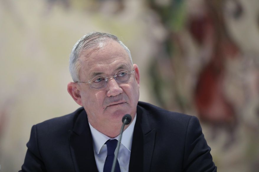 In this May 24, 2020 file photo, Israeli Defense Minister Benny Gantz attends the first Cabinet meeting of the new government at the Chagall Hall in the Knesset, the Israeli Parliament in Jerusalem, Israel. (Abir Sultan/Pool Photo via AP, File)  **FILE**
