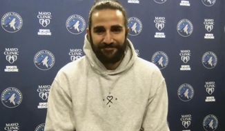 Ricky Rubio speaks on a Zoom call Tuesday, Dec. 1, 2020, in Minneapolis. Rubio has returned to his original NBA team, a sidewinding career leading the popular point guard back to the Minnesota Timberwolves after a third trade in three years. (Minnesota Timberwolves via AP)