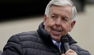 FILE - In this Oct. 25, 2020, file photo, Missouri Republican Gov. Mike Parson speaks in Lees Summit, Mo. Parson on Thursday, Nov. 19, 2020, extended Missouri&#39;s state of emergency through March as hospitals struggled to keep up with a rise in coronavirus cases. (AP Photo/Charlie Riedel, File)