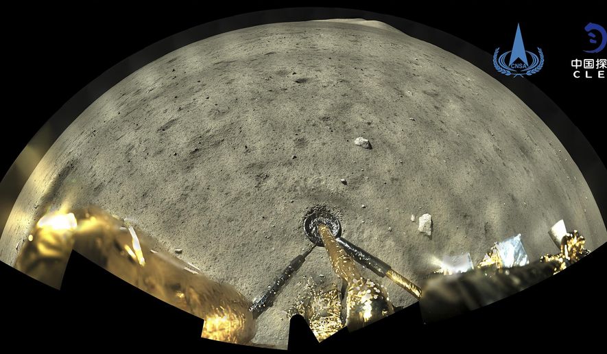 This image taken by panoramic camera aboard the lander-ascender combination of Chang&#39;e-5 spacecraft provided by China National Space Administration shows a moon surface after it landed on the moon on Wednesday, Dec. 2, 2020. Chinese government say the spacecraft landed on the moon on Tuesday to bring back lunar rocks to Earth for the first time since the 1970s. (China National Space Administration/Xinhua via AP)