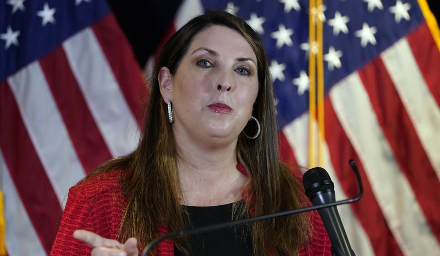 Republican National Committee chairwoman Ronna McDaniel speaks during a news conference at the Republican National Committee, Monday, Nov. 9, 2020, in Washington. (AP Photo/Alex Brandon) ** FILE **