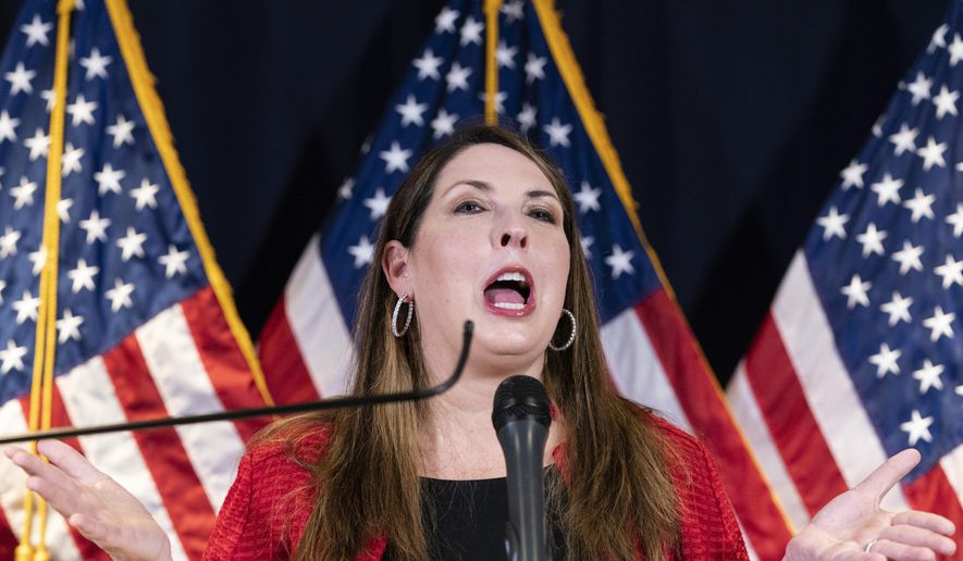 Republican National Committee Chairwoman Ronna McDaniel speaks during a news conference at the Republican National Committee, Monday, Nov. 9, 2020, in Washington. (AP Photo/Alex Brandon) **FILE**