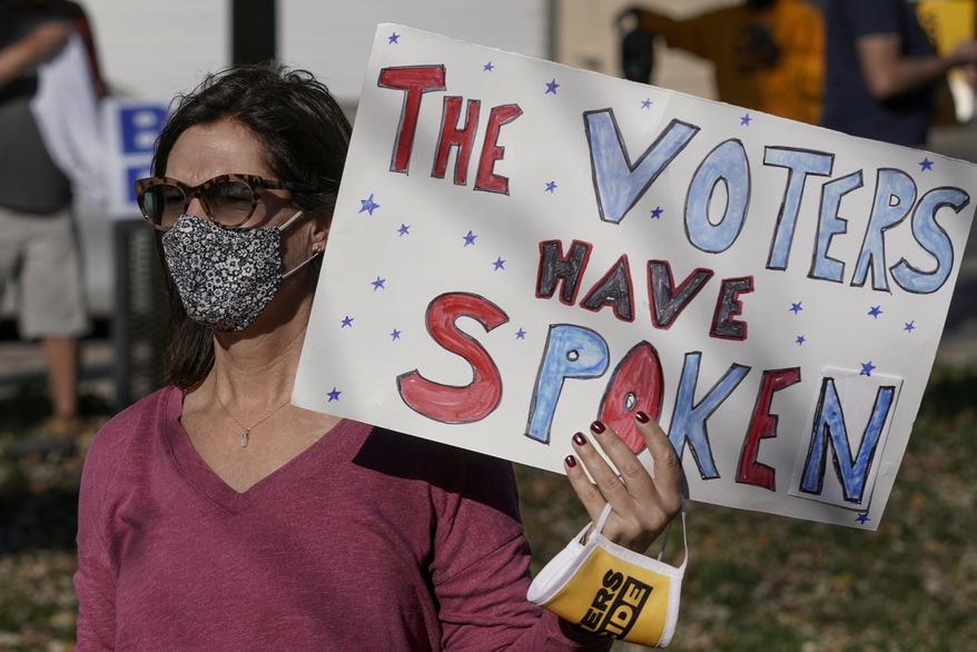 In this Nov. 7, 2020, file photo, supporters react after it was announced that President-elect Joe Biden defeated President Trump at a rally in Milwaukee. (AP Photo/Morry Gash, File)