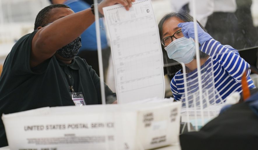 Polling workers inspect and count absentee ballots, Tuesday, Nov. 10, 2020, in New York. Counties across New York began to count more than 1.5 million absentee ballots Monday, a last push that will determine the outcome of several races that remain undecided nearly a week after Election Day. (AP Photo/John Minchillo)