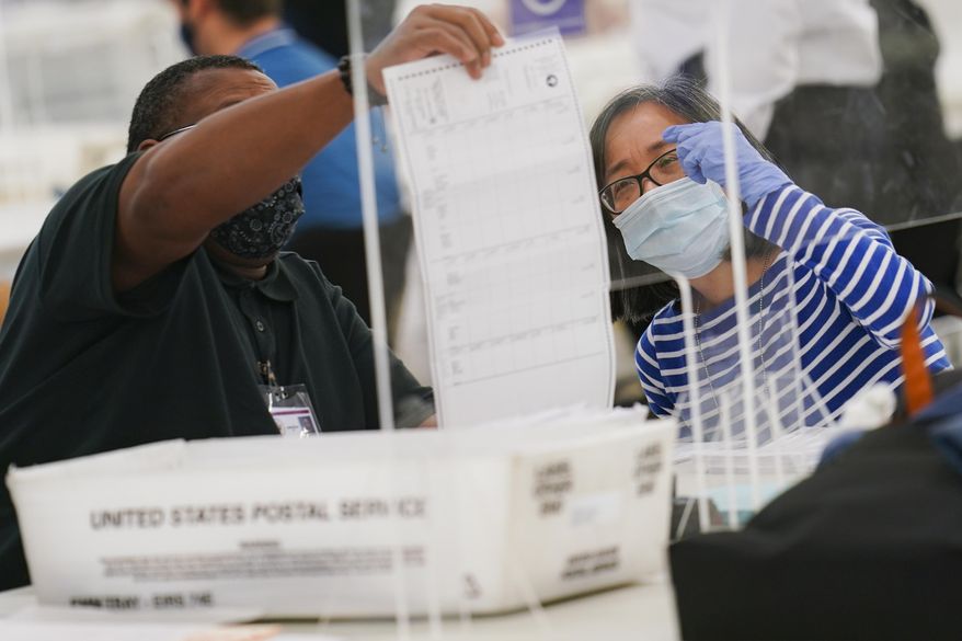 Polling workers inspect and count absentee ballots, Tuesday, Nov. 10, 2020, in New York. Counties across New York began to count more than 1.5 million absentee ballots Monday, a last push that will determine the outcome of several races that remain undecided nearly a week after Election Day. (AP Photo/John Minchillo)