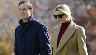 President Donald Trump&#39;s White House Senior Adviser Jared Kushner and Ivanka Trump, the daughter of President Trump, walk on the South Lawn of the White House in Washington, Sunday, Nov. 29, 2020, after stepping off Marine One upon returning from Camp David. (AP Photo/Patrick Semansky)