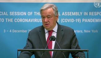 In this image made from UNTV video, United Nations Secretary General Antonio Guterres speaks during the U.N. General Assembly&#x27;s special session to discuss the response to COVID-19 and the best path to recovery from the pandemic, Thursday, Dec. 3,2020, at U.N. headquarters, in New York. (UNTV via AP)