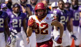FILE - Iowa State wide receiver Landen Akers (82) carries the ball during an NCAA college football game against TCU in Fort Worth, Texas, in this Saturday, Sept. 26, 2020, file photo. The Cyclones occupied the spot next to Kansas at the bottom of the Big 12 when the 23-year-old wide receiver from Cedar Rapids, Iowa, arrived in Ames. Now the Cyclones (7-2, 7-1) are alone in first place heading into Saturday&#39;s game against West Virginia (5-3, 4-3).(AP Photo/Brandon Wade, File)