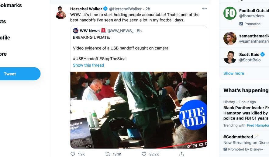 Former NFL star Herschel Walker comments on a viral 2020 election video that appears to show the hand-off of a USB drive between poll workers. (Image: Twitter, Herschel Walker tweet screenshot) 