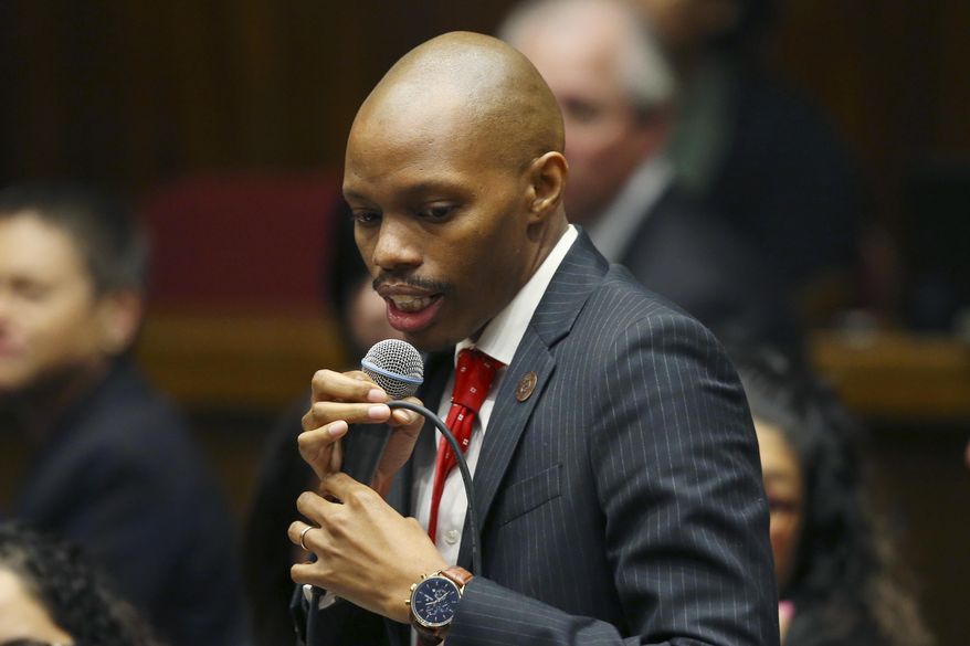 FILE - In this Jan. 13, 2020, file photo, Rep. Reginald Bolding, D-Laveen, speaks on the opening day of the legislative session at the Arizona Capitol in Phoenix. Bolding was named to lead House Democrats as minority leader, Tuesday, Nov. 10, 2020. (AP Photo/Ross D. Franklin, File)