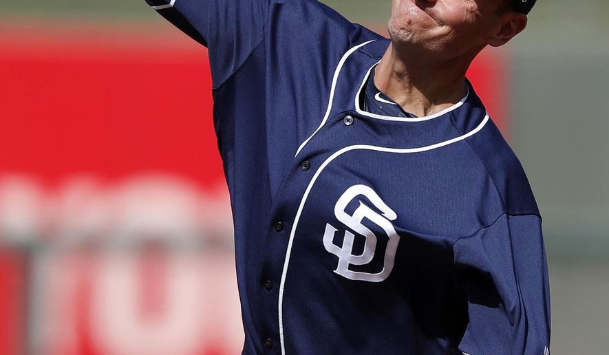 FILE - In this March 1, 2018, file photo, San Diego Padres pitcher Chris Young throws during the third inning of a spring training baseball game against the Texas Rangers in Surprise, Ariz. The Rangers hired Young as executive vice president and general manager Friday, Dec. 4, 2020, bringing the Major League Baseball executive home to work under president of baseball operations Jon Daniels, the club&#39;s GM since 2005. (AP Photo/Charlie Neibergall, File)