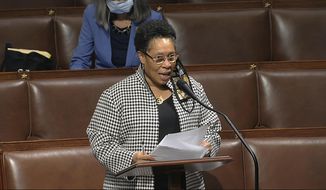 In this image from video, Rep. Marcia Fudge, D-Ohio, speaks on the floor of the House of Representatives at the U.S. Capitol in Washington, Thursday, April 23, 2020. Two Democratic women are contenders to be President-elect Joe Biden&#39;s secretary of agriculture. Rep. Marcia Fudge of Ohio and former Sen. Heidi Heitkamp of North Dakota are in the running for the Cabinet position. (House Television via AP)