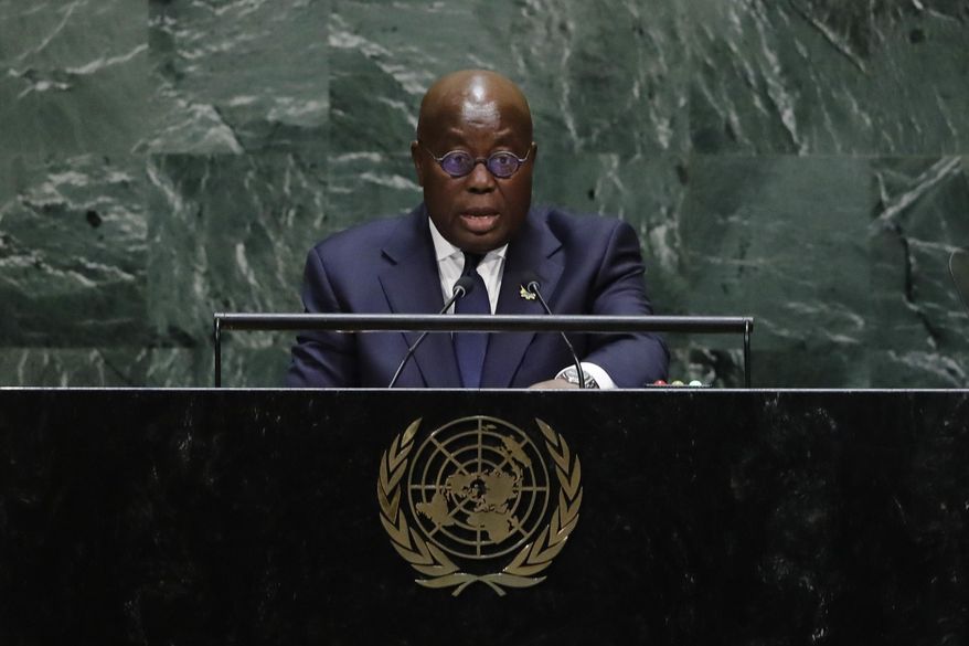 FILE- In this Sept. 25 2019 file photo, Ghana's President Nana Addo Dankwa Akufo-Addo addresses the 74th session of the United Nations General Assembly at the United Nations headquarters. Ghanaians head to the polls for general elections on Monday Dec. 7 2020 that many contend will be a close race between the current head of state and a former president who have faced off twice before in one of the continent’s most politically stable countries. The vote is also seen as a test of democracy for the West African nation whose regional neighbors Guinea and Ivory Coast saw leaders hold onto power for third terms after constitutional changes. Whoever wins Ghana’s election will serve their second and final term. (AP Photo/Frank Franklin II, file)