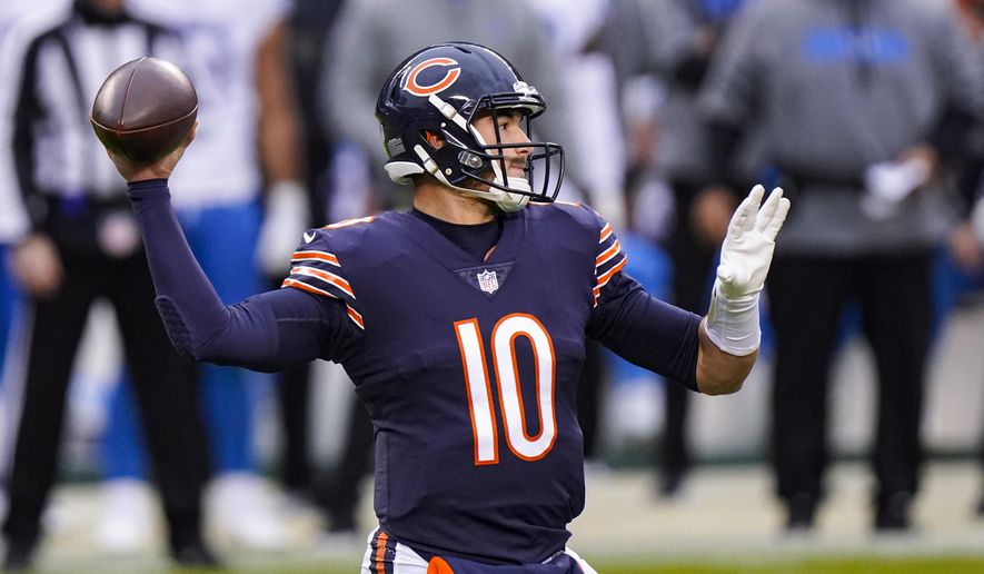 Chicago Bears quarterback Mitchell Trubisky (10) throws against the Detroit Lions in the first half of an NFL football game in Chicago, Sunday, Dec. 6, 2020. (AP Photo/Nam Y. Huh)