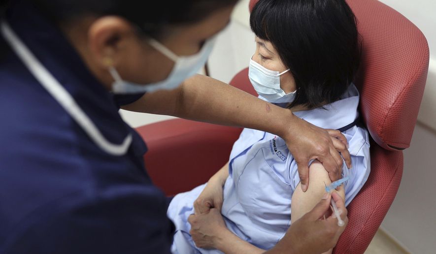 Nurses at the Royal Free Hospital, London, simulate the administration of the Pfizer vaccine to support staff training ahead of the rollout, in London, Friday Dec. 4, 2020. (Yui Mok/Pool Photo via AP)